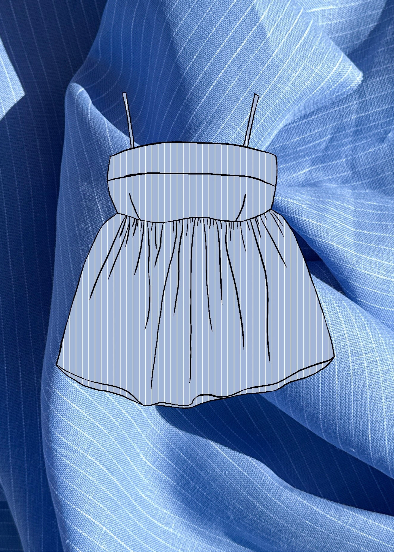 Blue stripe top with gathers sketch on a textured blue pinstripelinen fabric background