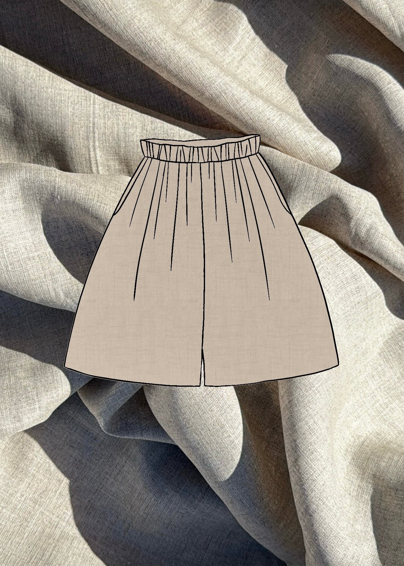 Beige shorts sketch on a textured blue linen fabric background