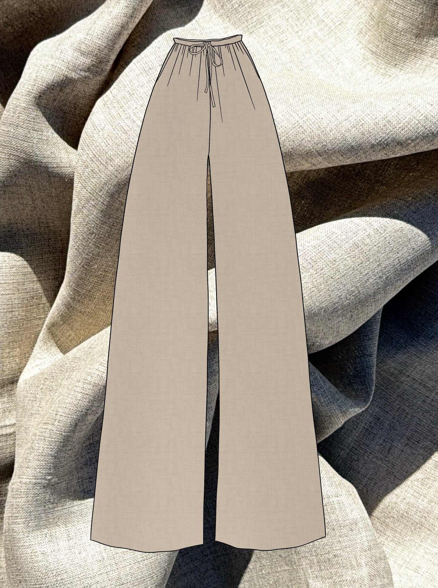 Beige wide-leg pants with waist tie sketch on a textured beige linen fabric background