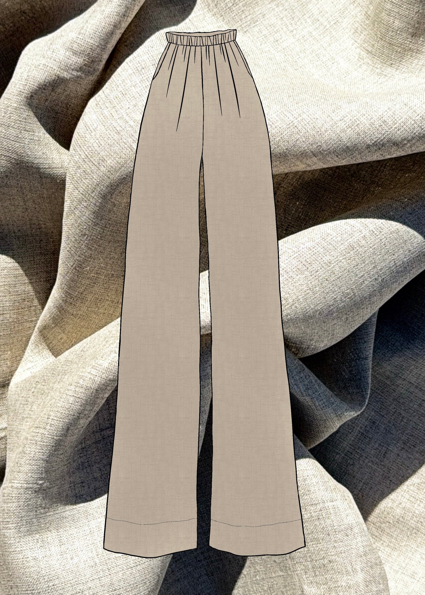 Beige pants sketch on a textured beige linen fabric background