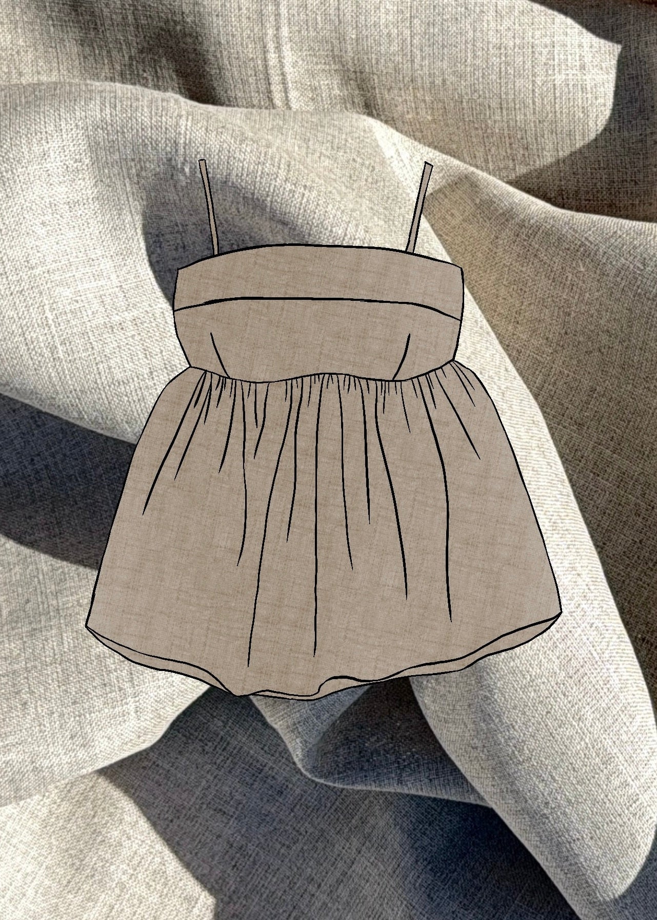 Beige top with gathers sketch on a textured beige linen fabric background