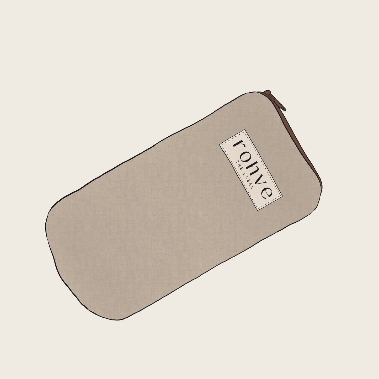 Beige pouch with a brand logo on a beige background with brown zipper sketch