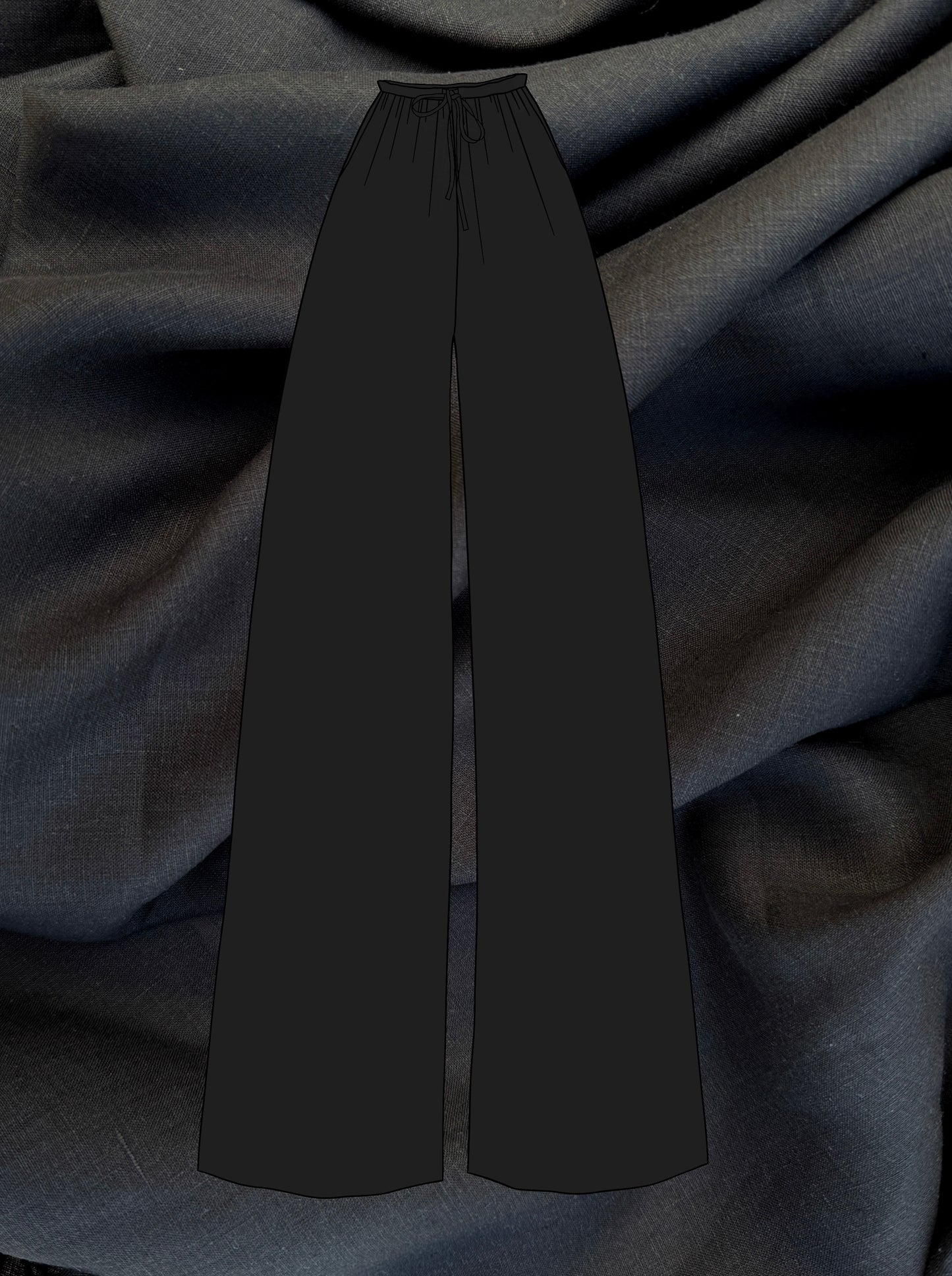 Black wide-leg pants with waist tie sketch on a textured black linen fabric background