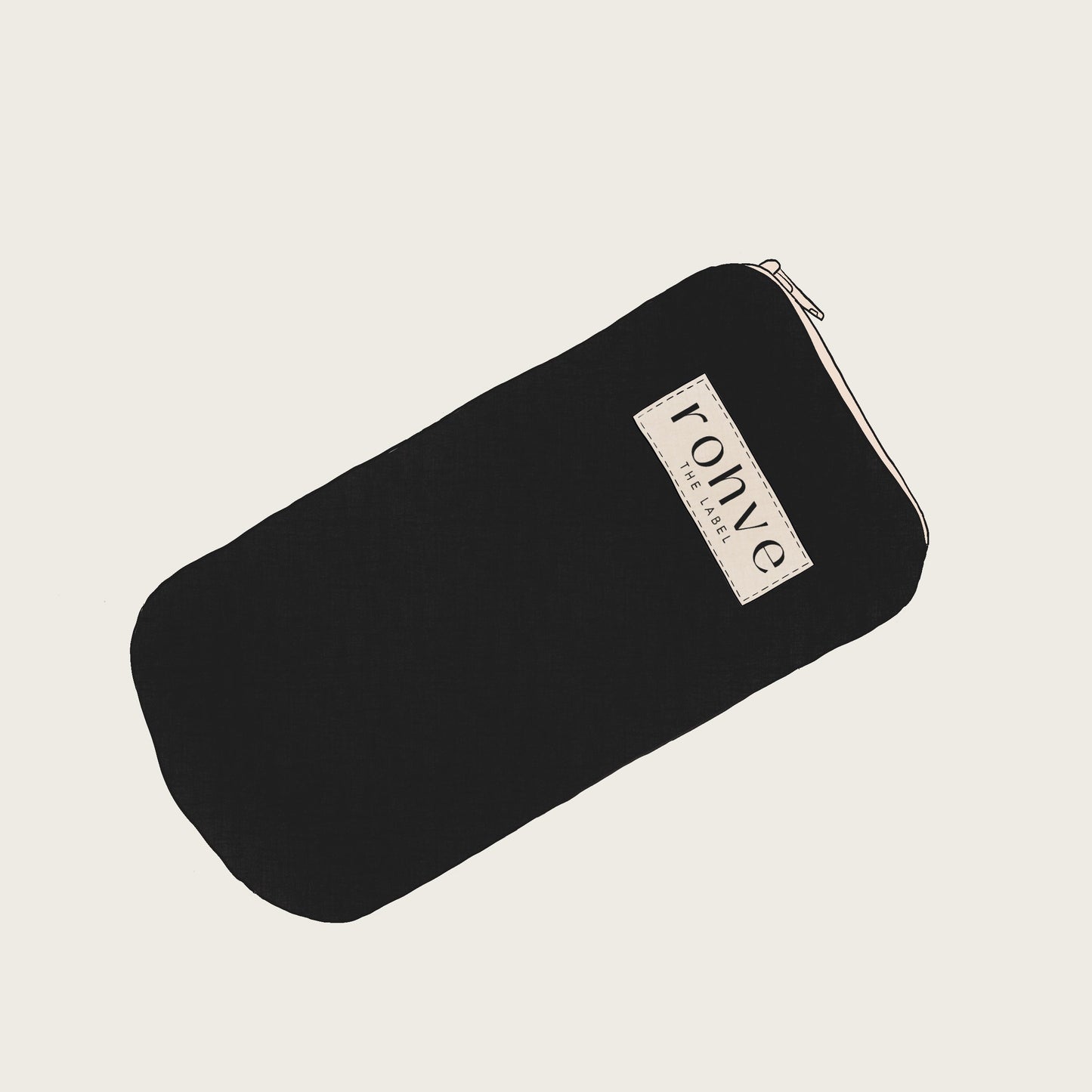 Black pouch with a brand label on a light beige background