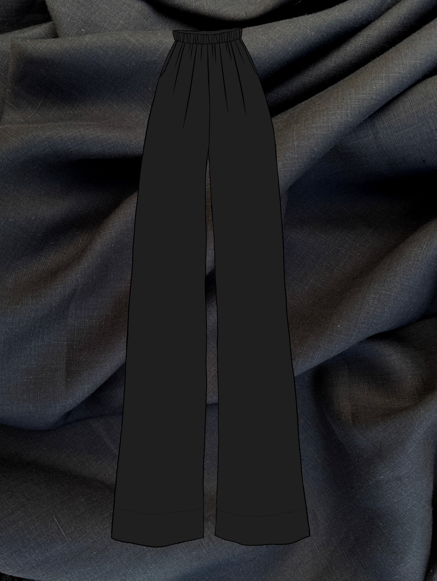 Black pants sketch on a textured black linen fabric background