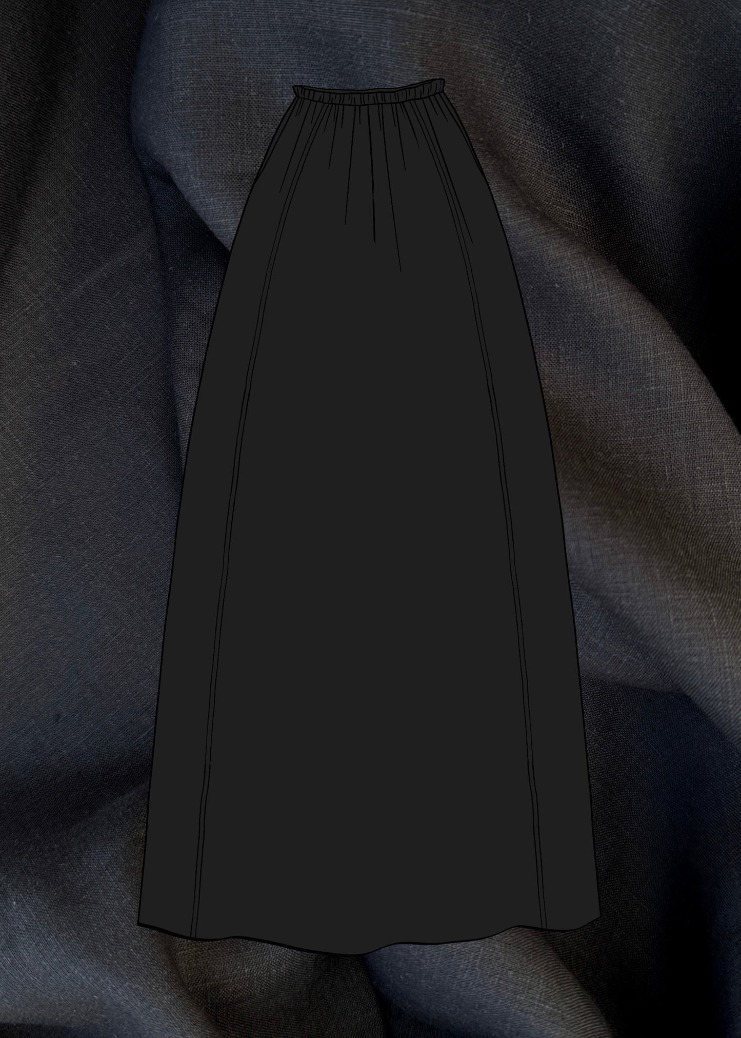 Black skirt sketch on a textured black linen fabric background