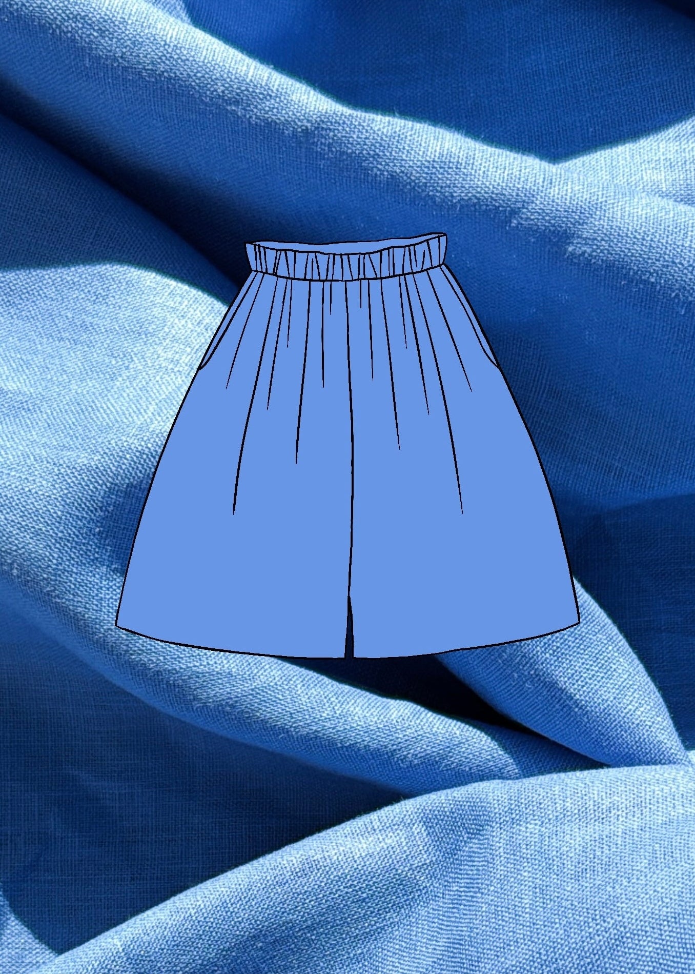 Blue shorts sketch on a textured blue linen fabric background