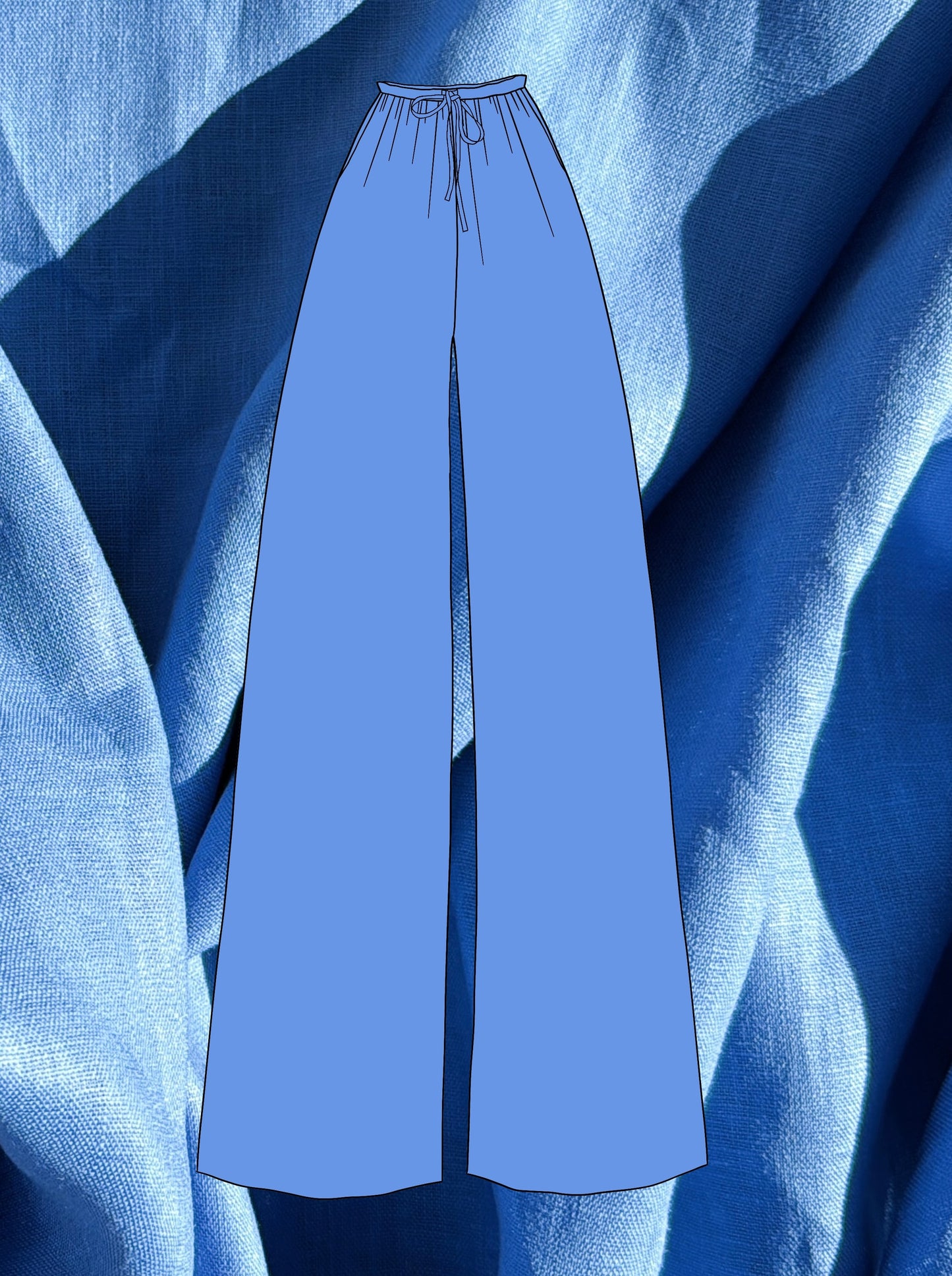 Blue wide-leg pants with waist tie sketch on a textured blue linen fabric background