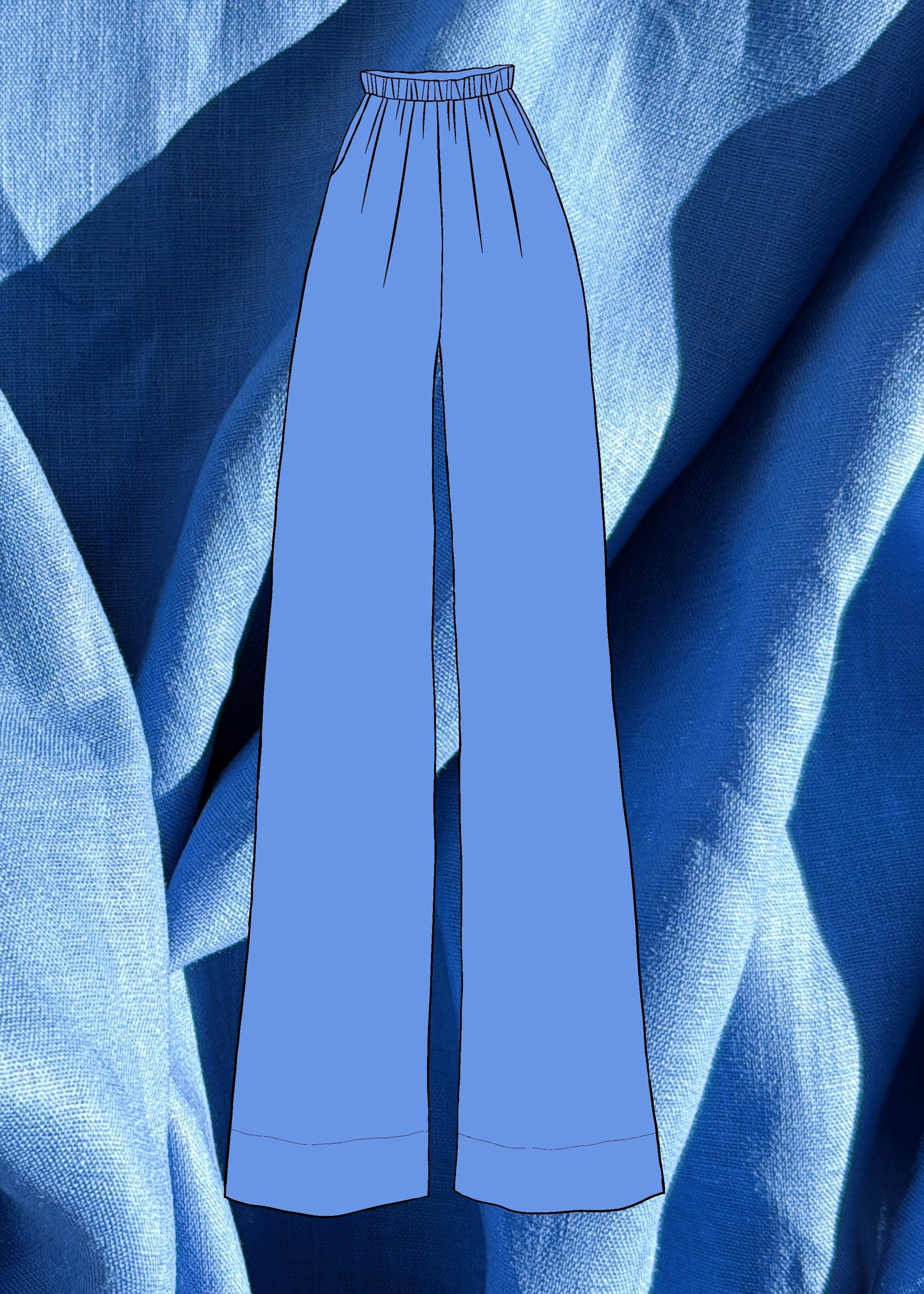 Blue pants sketch on a textured blue linen fabric background