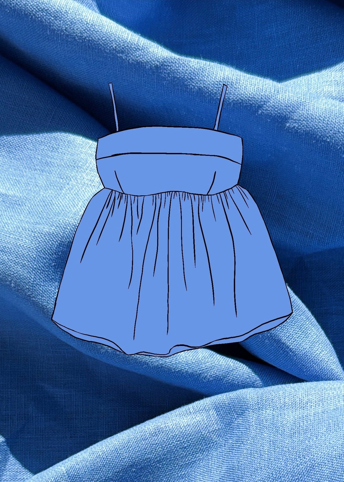 Blue top with gathers sketch on a textured blue linen fabric background