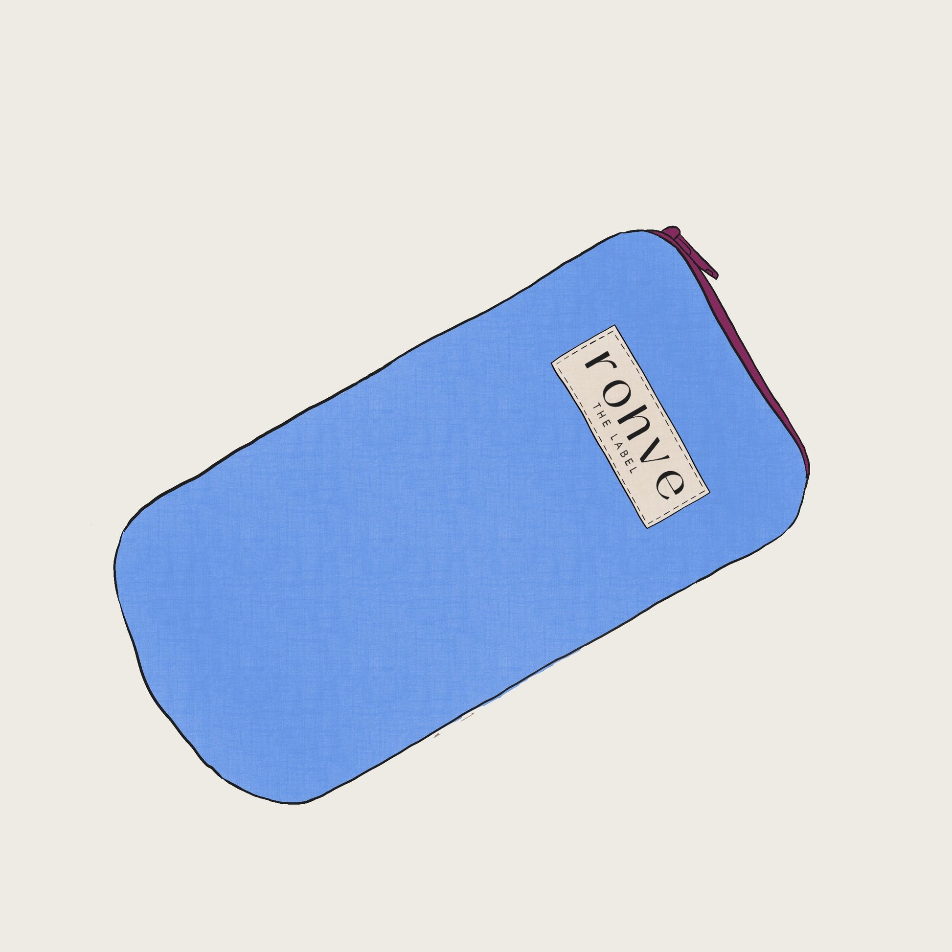 Blue pouch with a brand label on a light beige background sketch