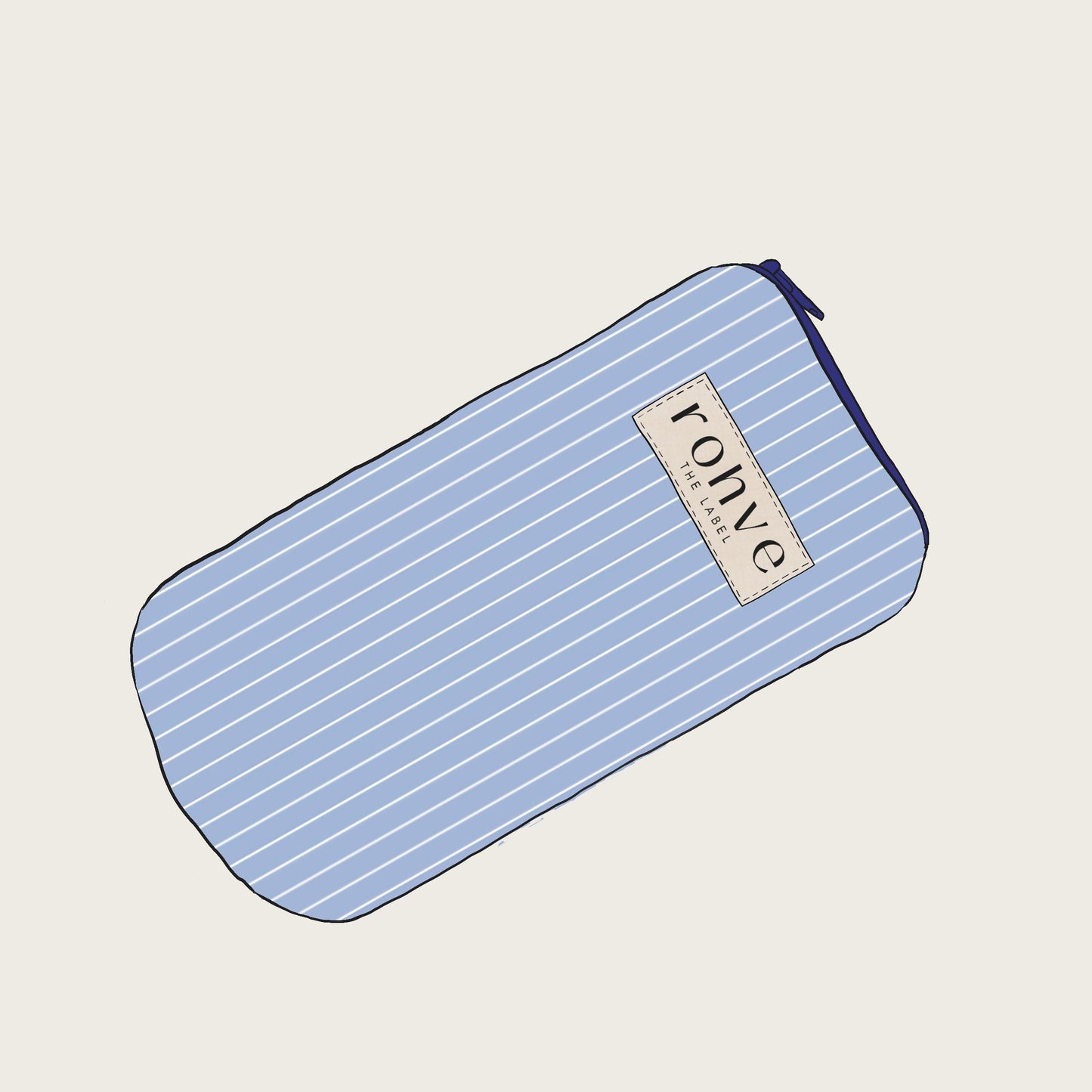 Blue stripe pouch with a brand label on a light beige background sketch