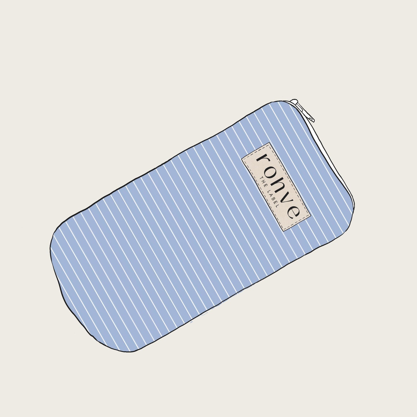 Blue stripe pouch with a brand label on a light beige background sketch