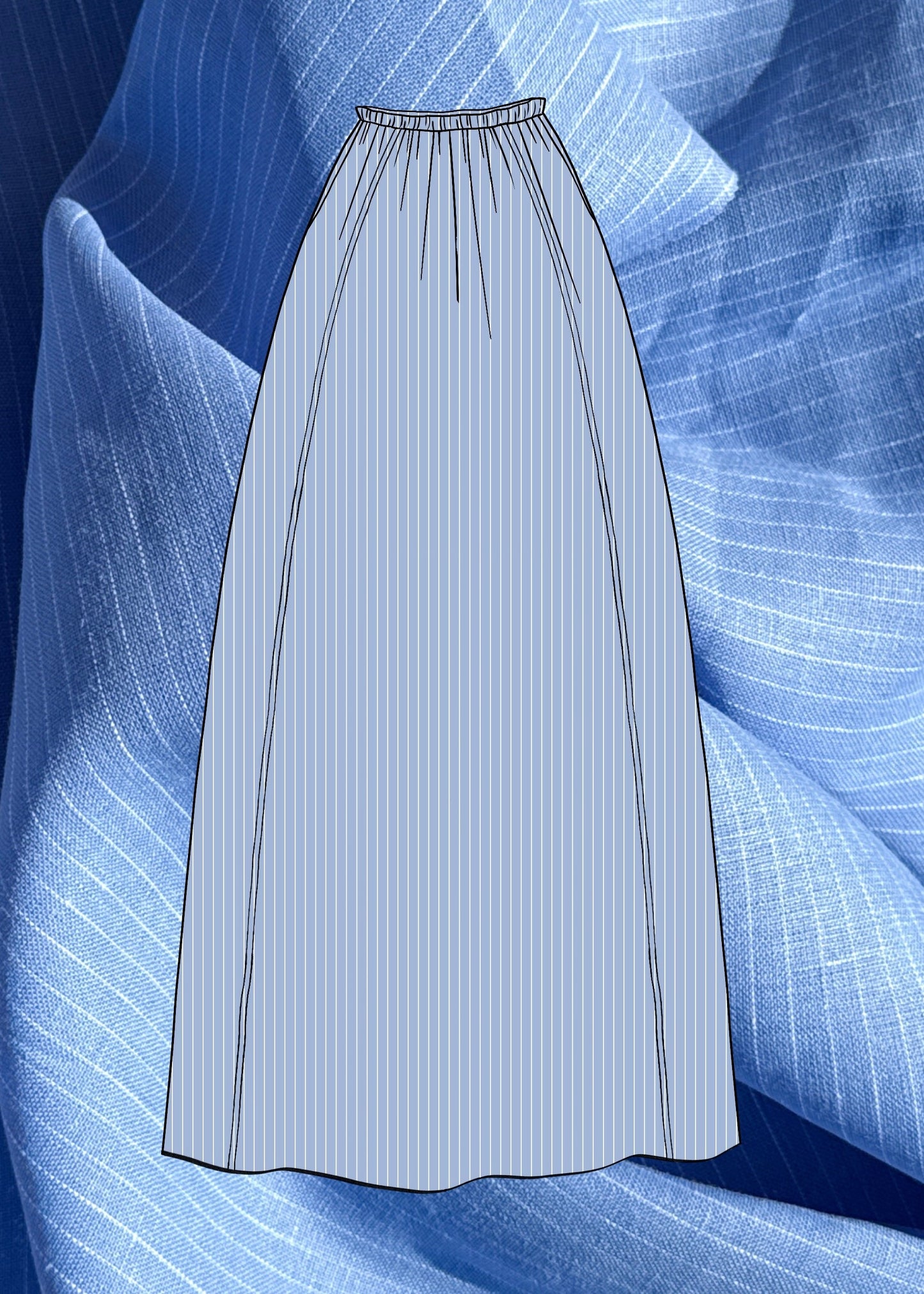 Blue striped skirt sketch on a textured blue linen fabric background