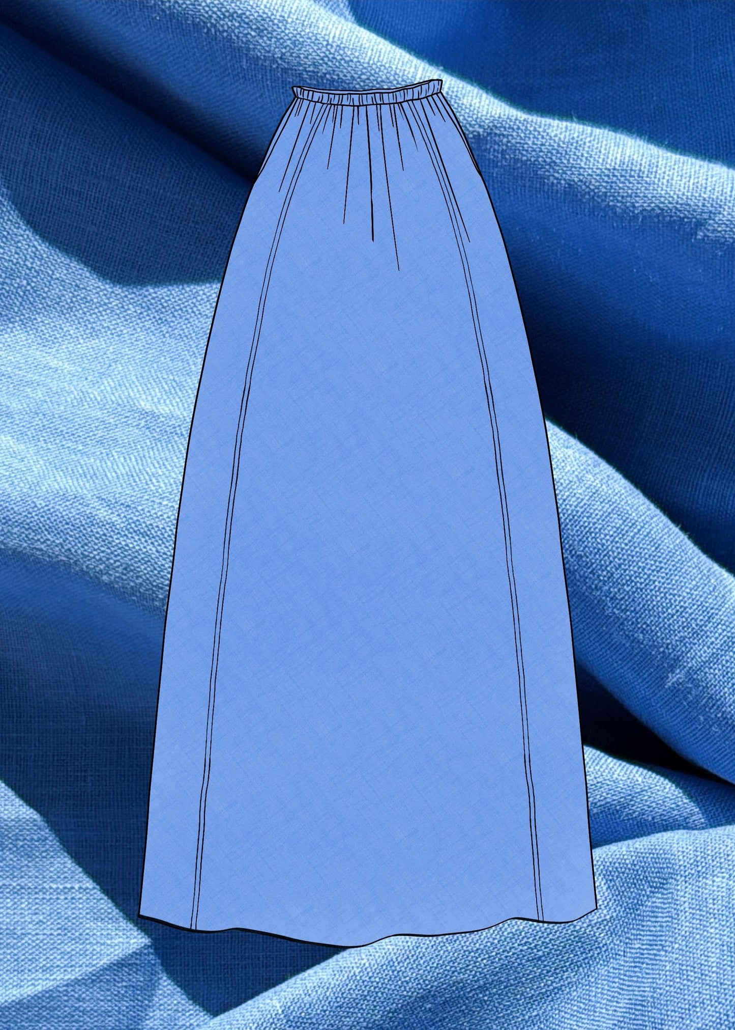 Blue skirt sketch on a textured blue linen fabric background