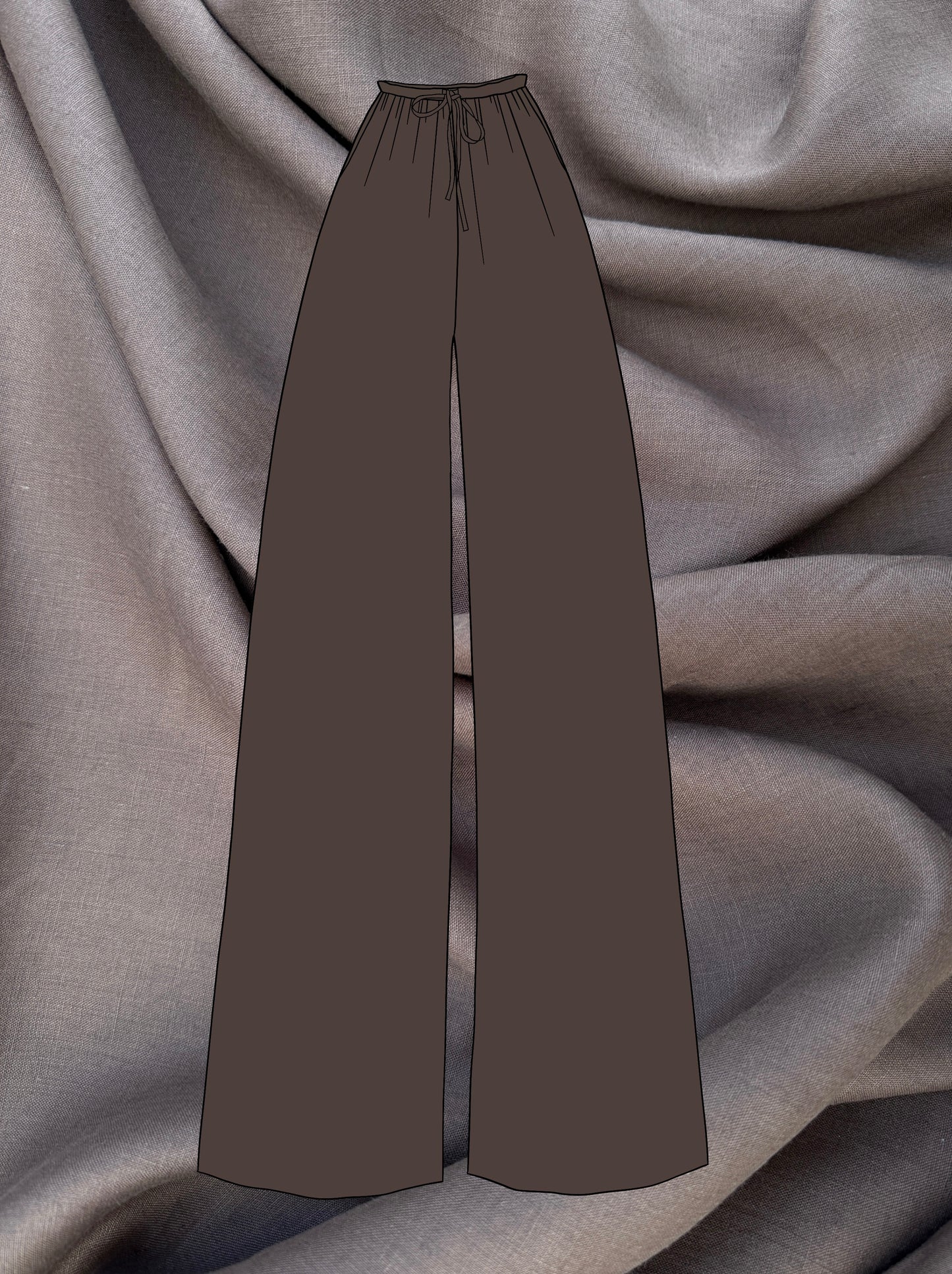 Brown wide-leg pants with waist tie sketch on a textured brown linen fabric background
