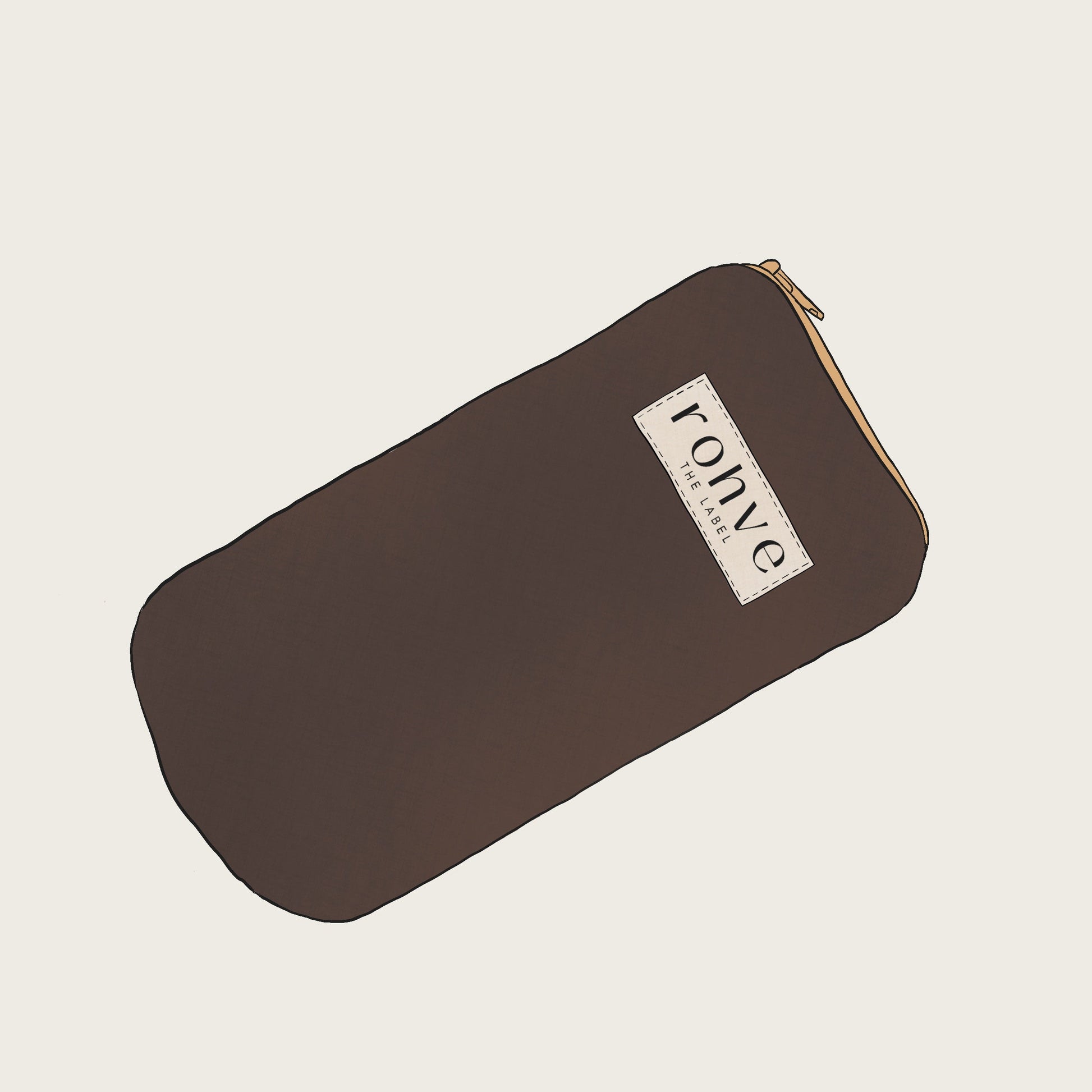 Brown pouch with a brand logo on a beige background sketch