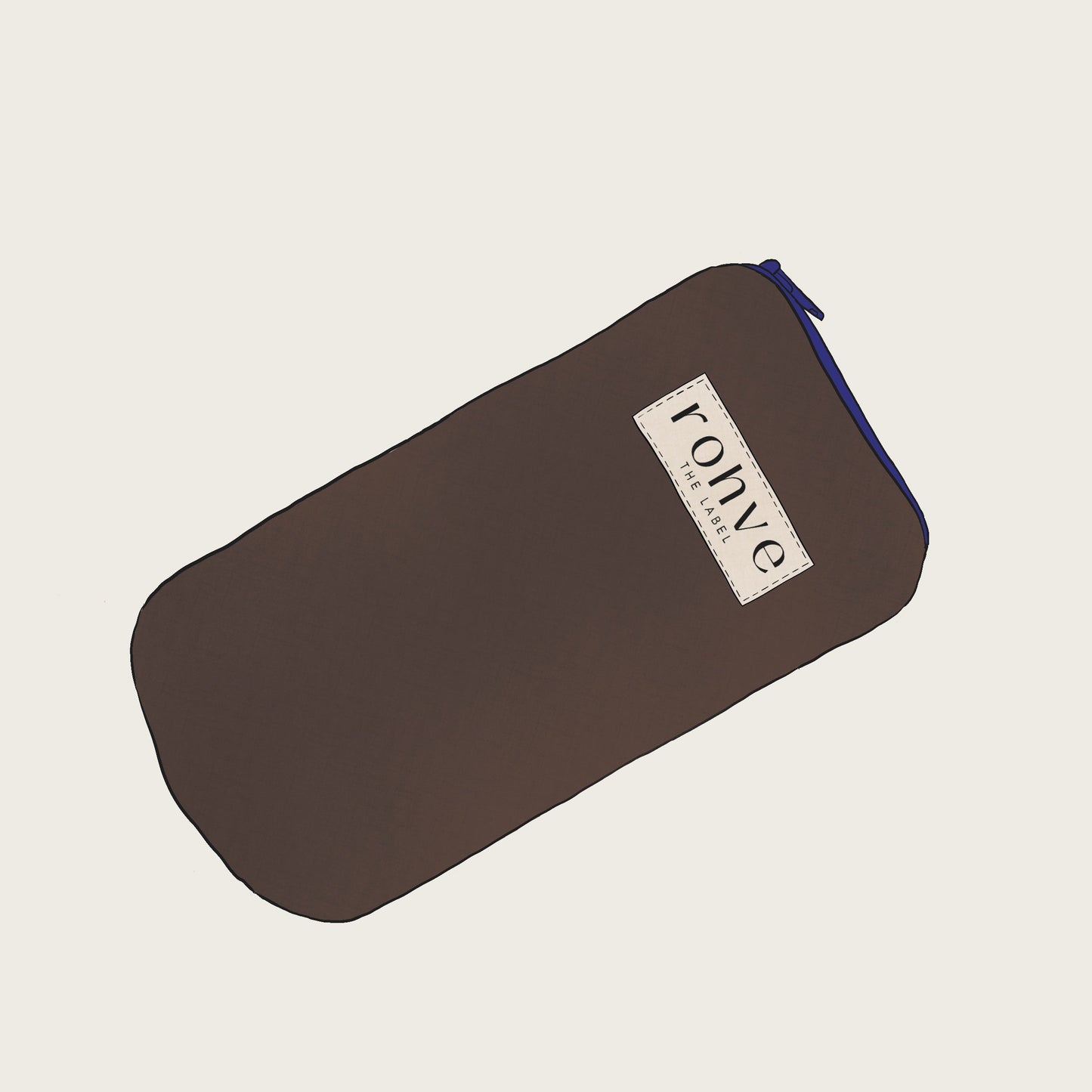 Brown pouch with a visible brand logo on a beige background with navy zipper sketch