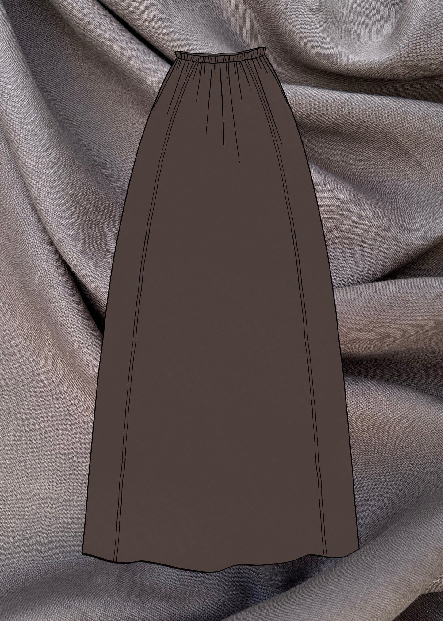 Brown skirt sketch on a textured brown linen fabric background