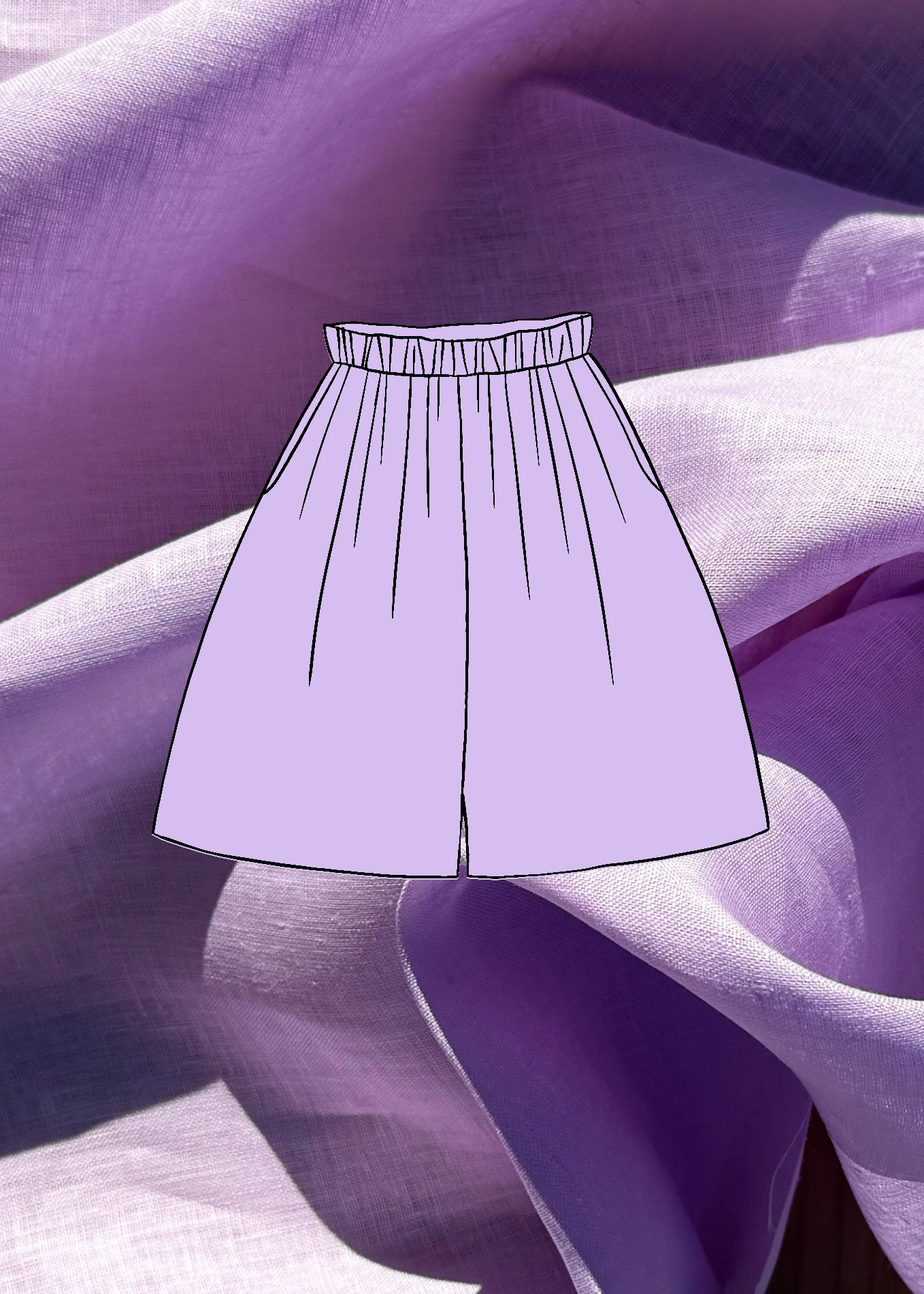 Lilac shorts sketch on a textured lilac linen fabric background
