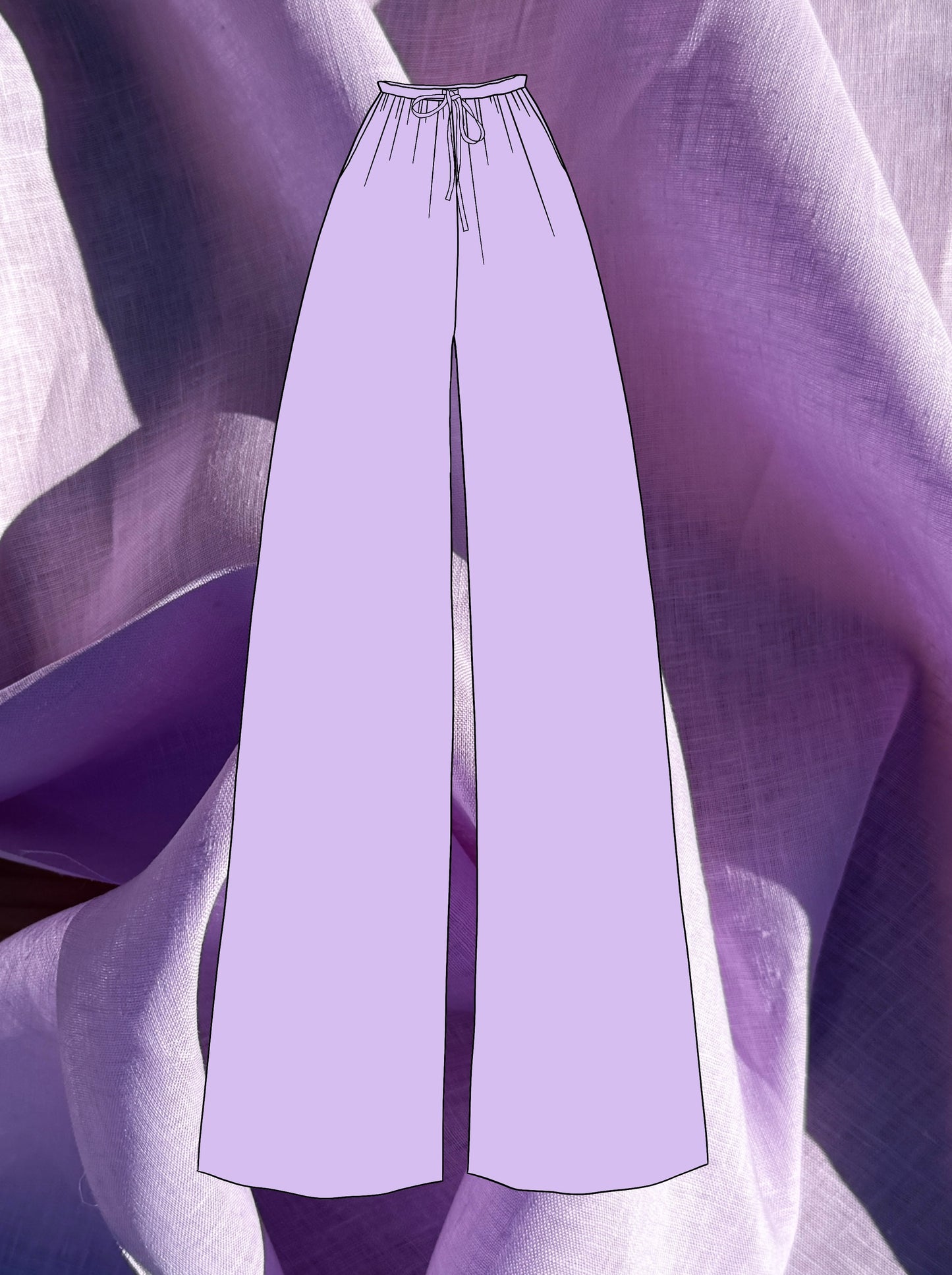 Lilac wide-leg pants with waist tie sketch on a textured lilac linen fabric background