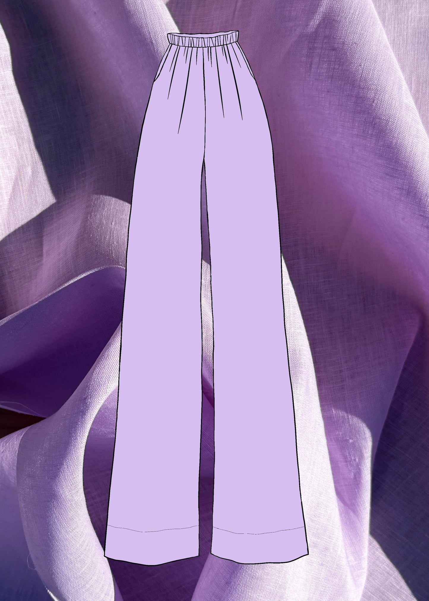 Lilac pants sketch on a textured lilac linen fabric background