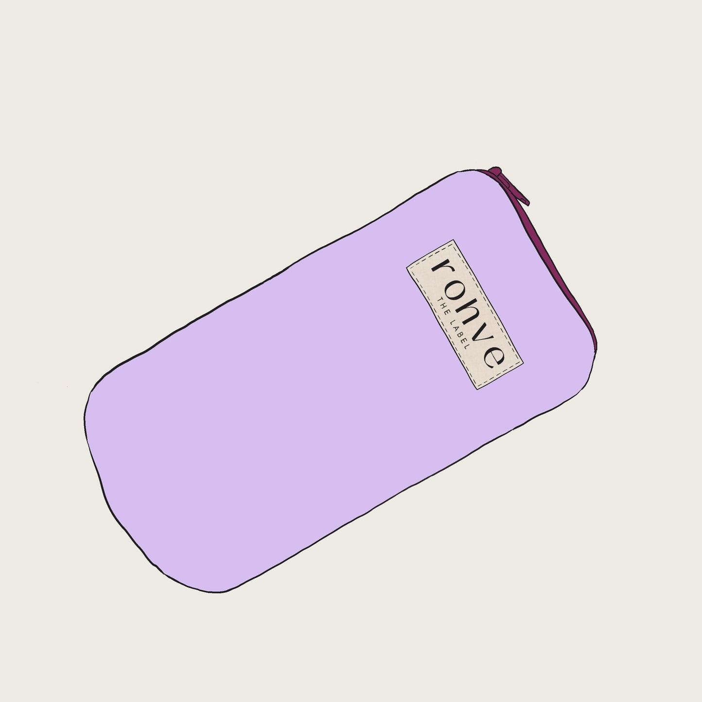 Lilac pouch with a brand label on a light beige background sketch