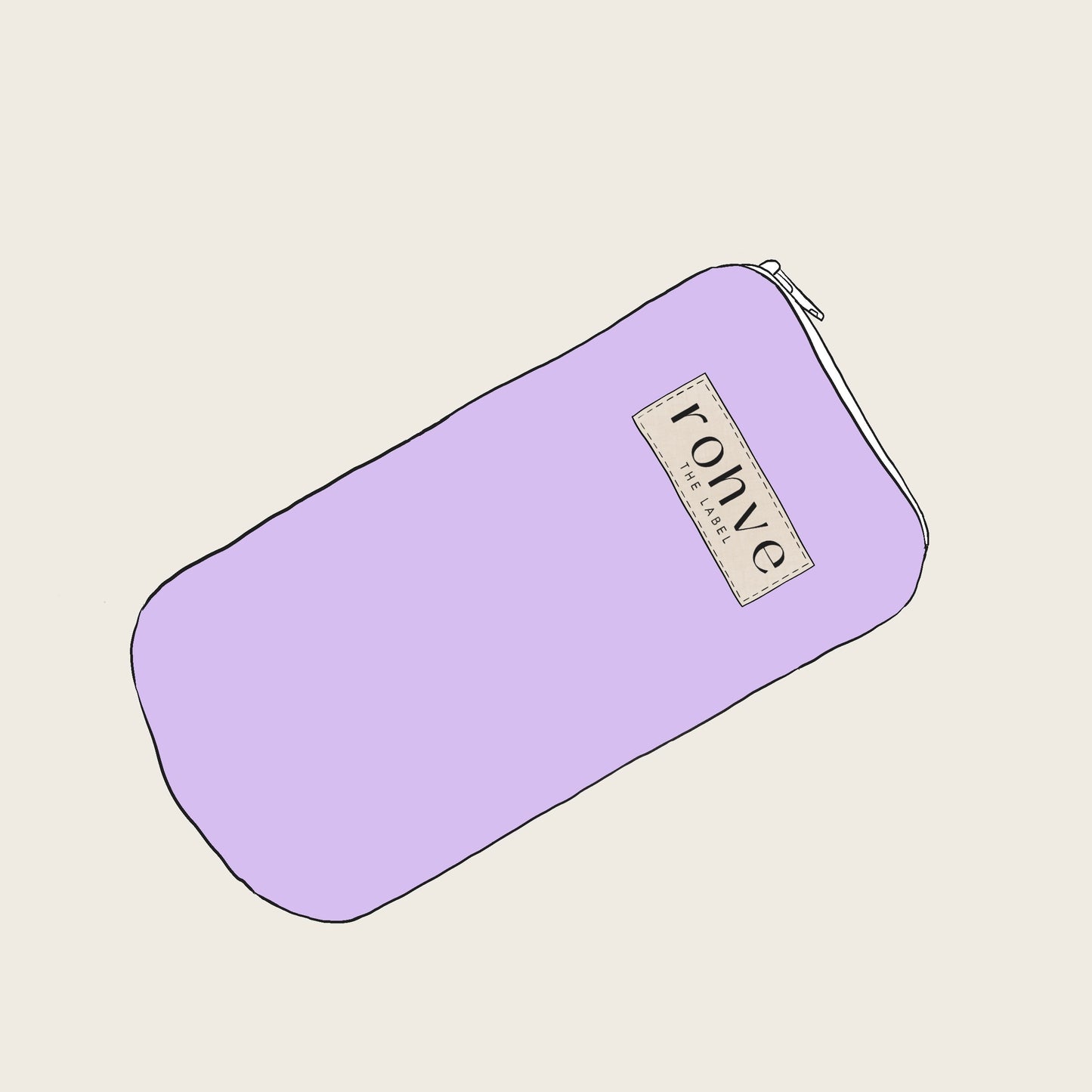 Lilac pouch with a brand logo on a beige background with white zipper sketch