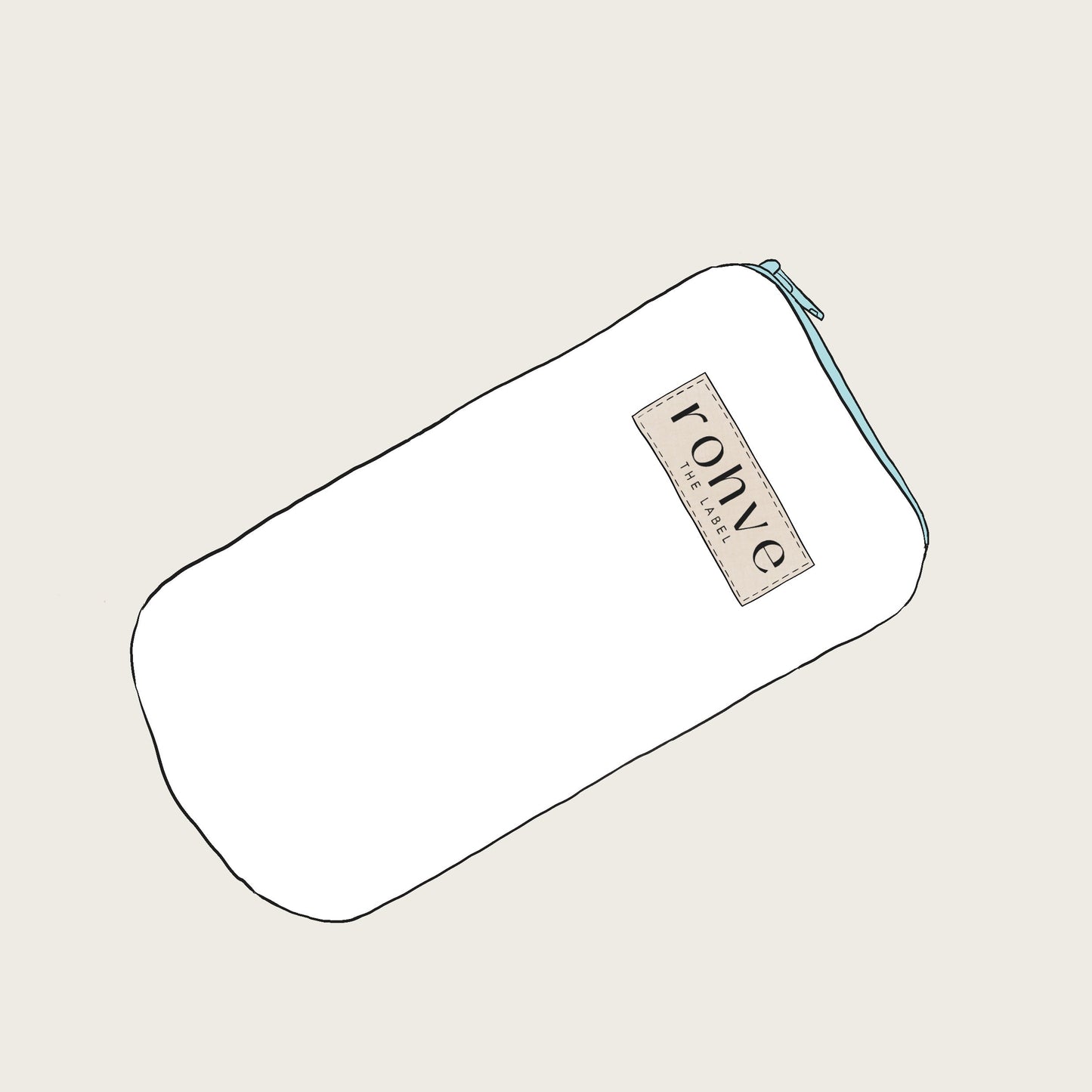 White pouch with a brand label on a light beige background sketch