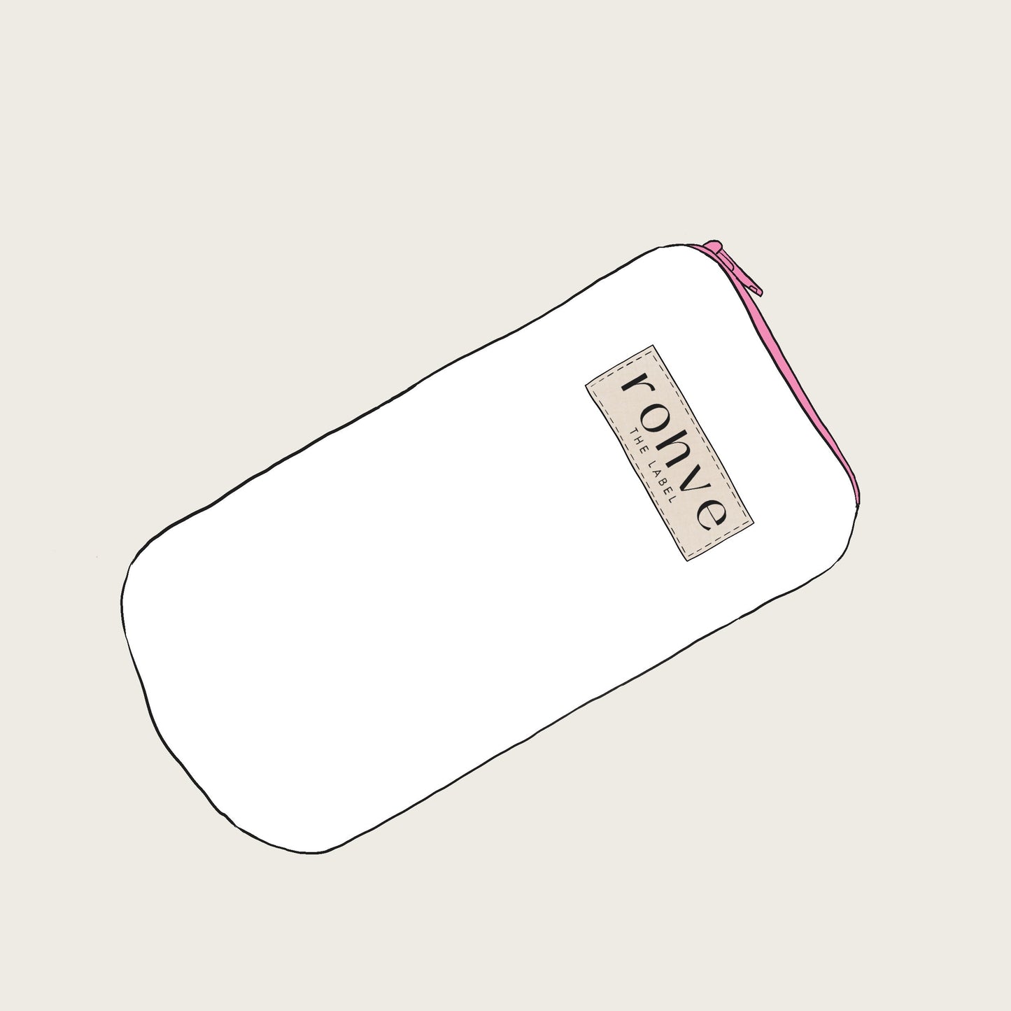 White pouch with a brand label on a light beige background sketch