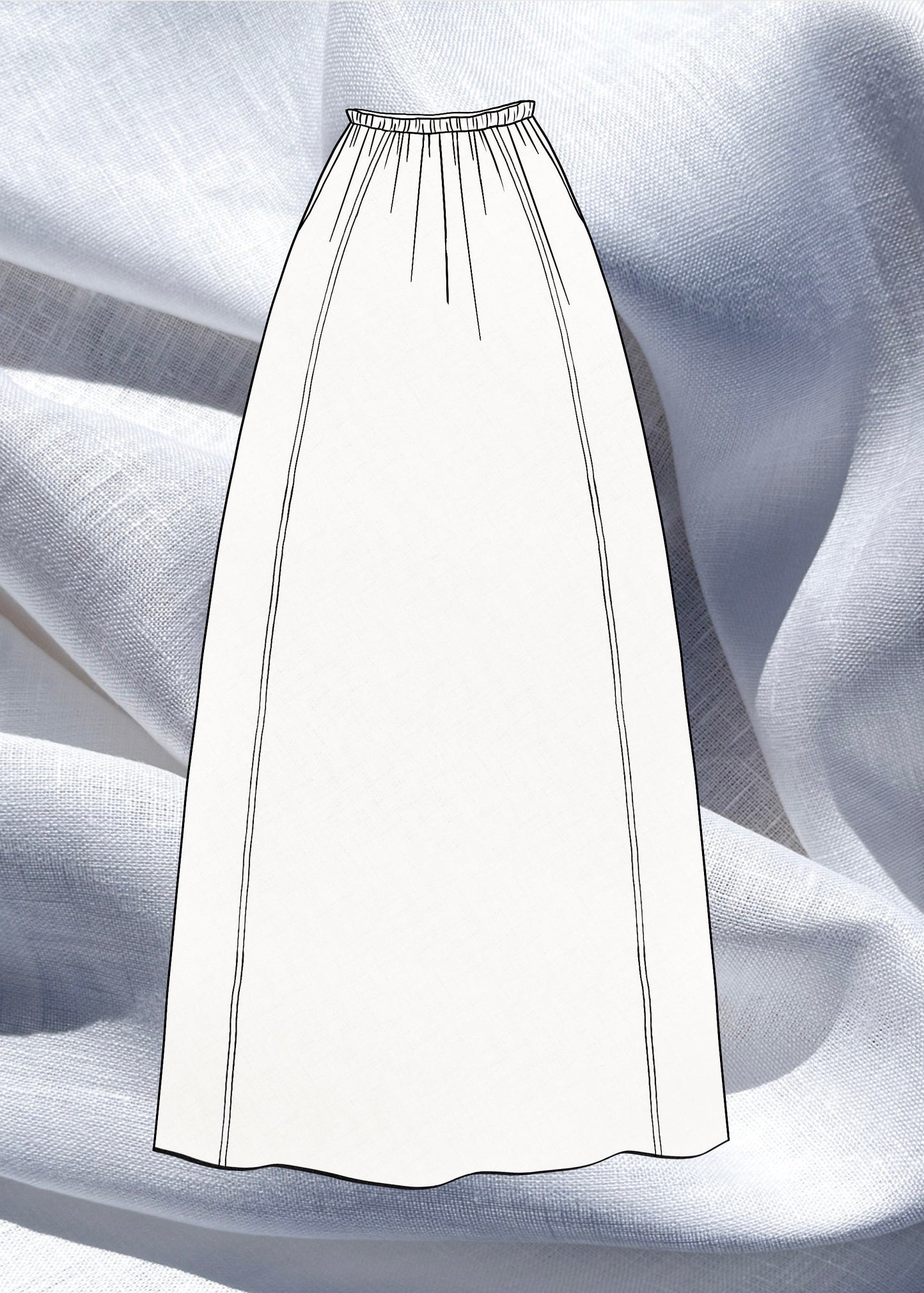 White skirt sketch on a textured white linen fabric background